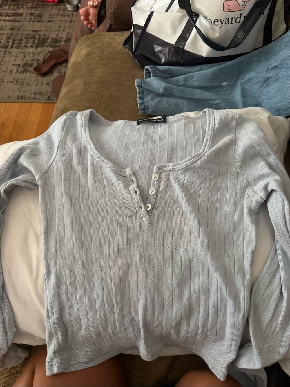 Brandy Melville Pale Blue Ribbed Henley Long Sleeve Top